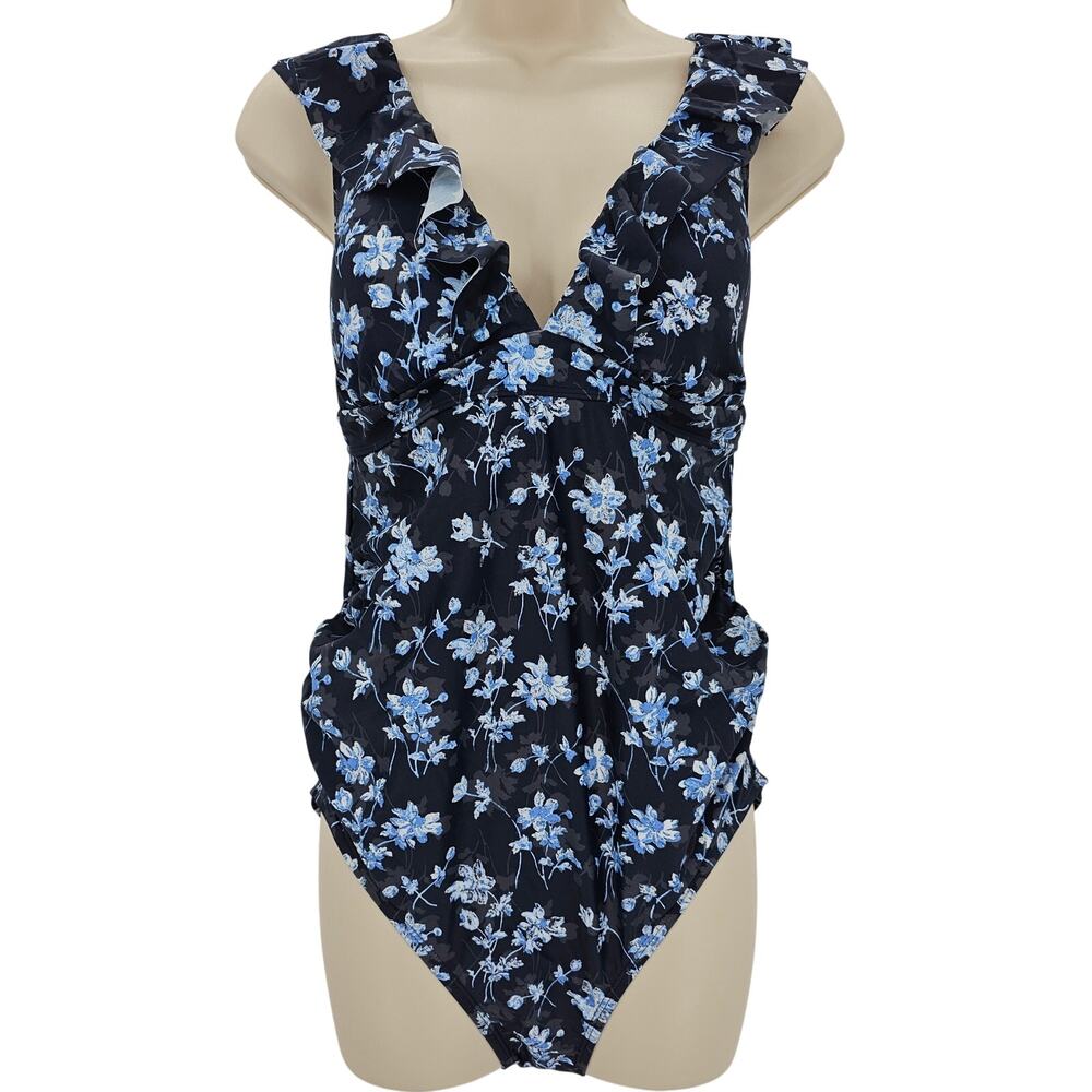 A Pea In The Pod Womans size S Maternity Ruffle One piece Swimsuit Navy NEW